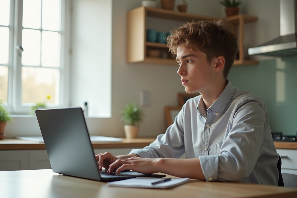 Jeune adulte travaillant sur un laptop dans une cuisine lumineuse