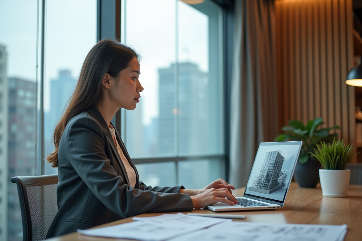 Jeune architecte analysant modele energie sur son ordinateur portable