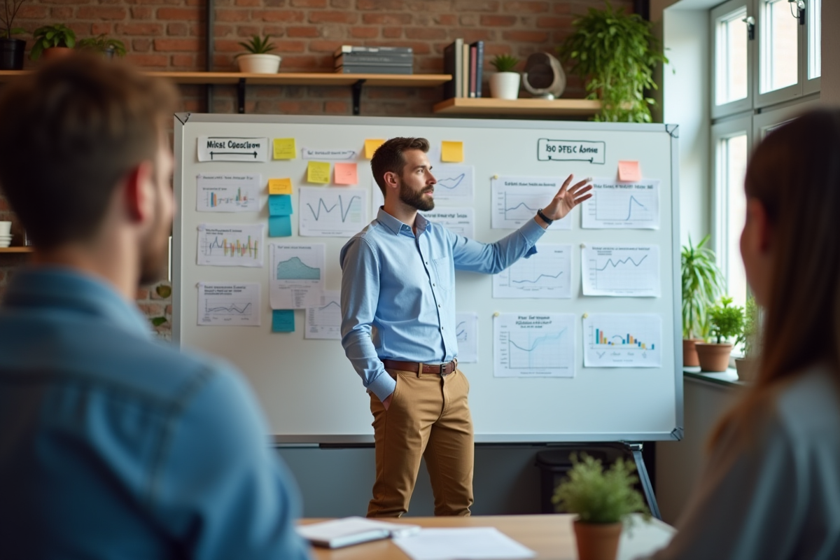Jeune comptable devant un tableau blanc avec diagrammes