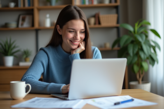 Jeune femme souriante utilisant un ordinateur pour la gestion financière