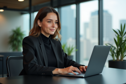 Jeune femme en blazer au bureau avec ordinateur et skyline