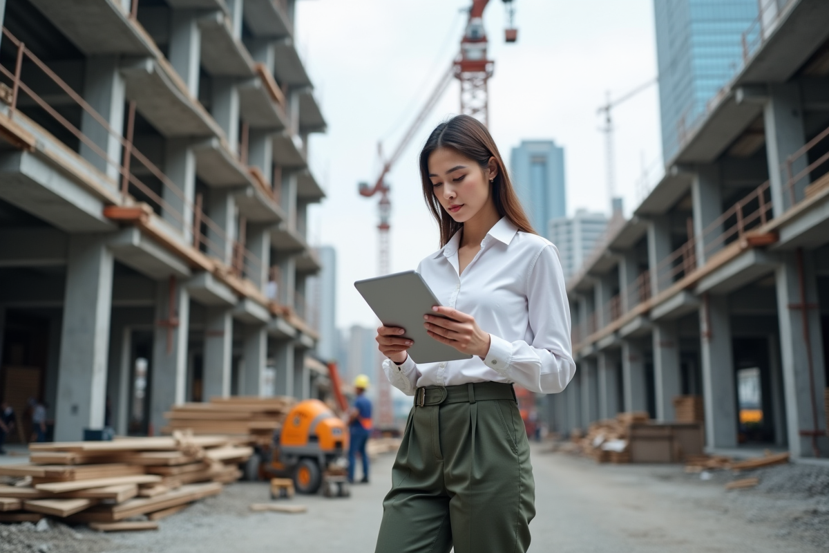 Jeune architecte femme examine des plans sur un chantier urbain