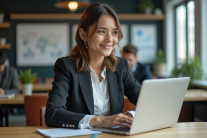 Jeune femme en coworking souriante et concentrée