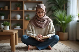 Jeune femme en hijab lisant le Quran dans une salle chaleureuse
