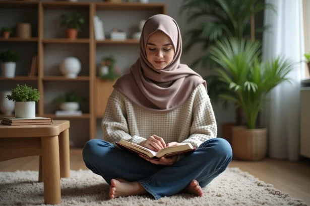 Jeune femme en hijab lisant le Quran dans une salle chaleureuse
