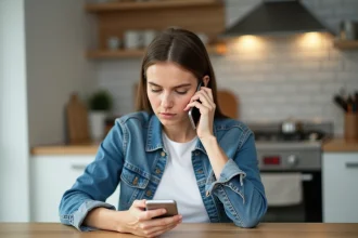 Jeune femme en denim et t-shirt blanc au téléphone dans une cuisine lumineuse