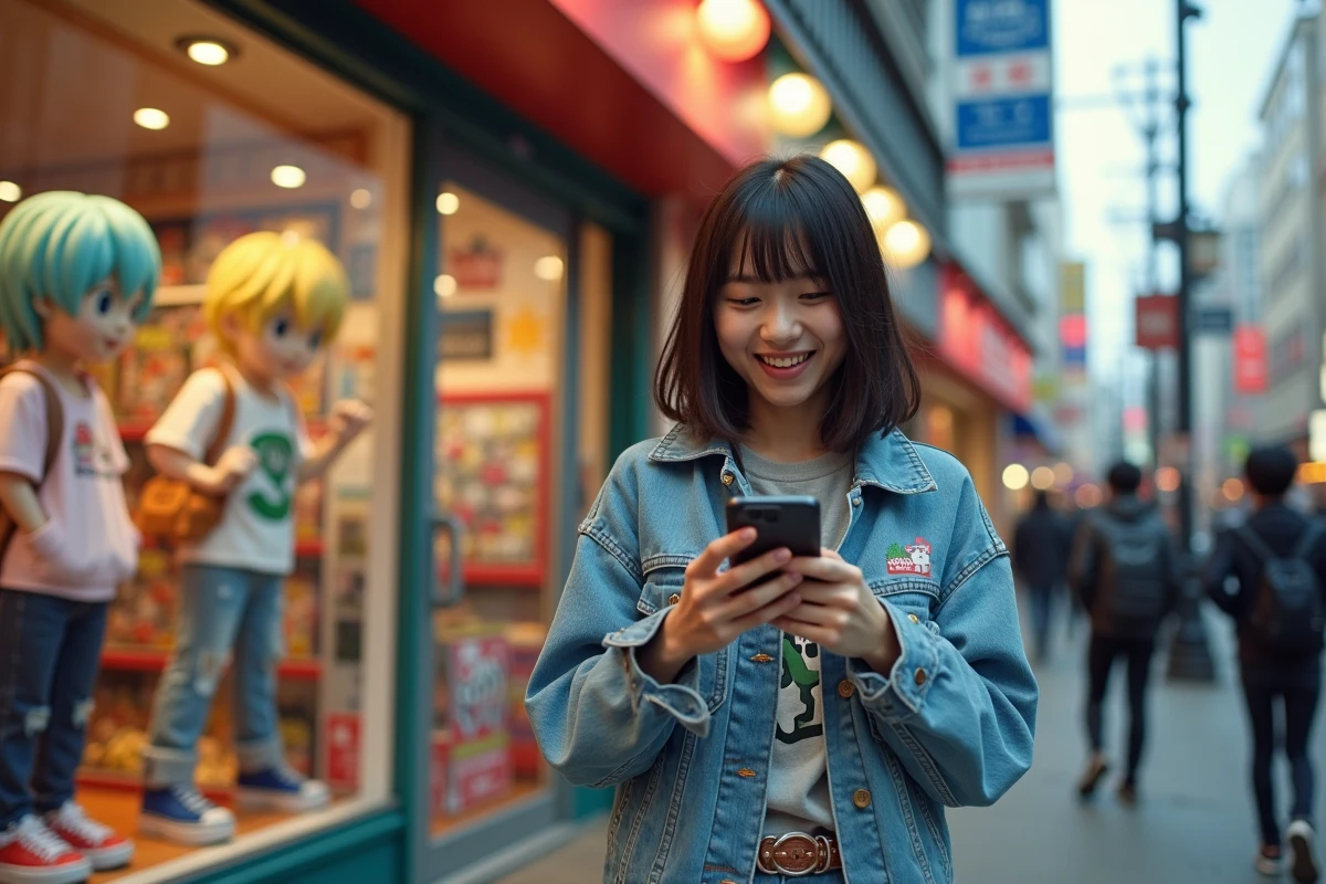 Jeune femme souriante devant un magasin de jeux anime