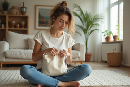 Jeune femme contemplant un tote bag en coton dans un salon lumineux