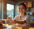 Jeune femme souriante donnant des chèques vacances à un comptoir de restauration rapide