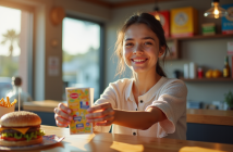 Jeune femme souriante donnant des chèques vacances à un comptoir de restauration rapide