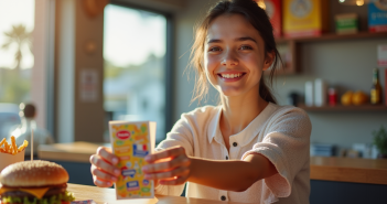 Jeune femme souriante donnant des chèques vacances à un comptoir de restauration rapide
