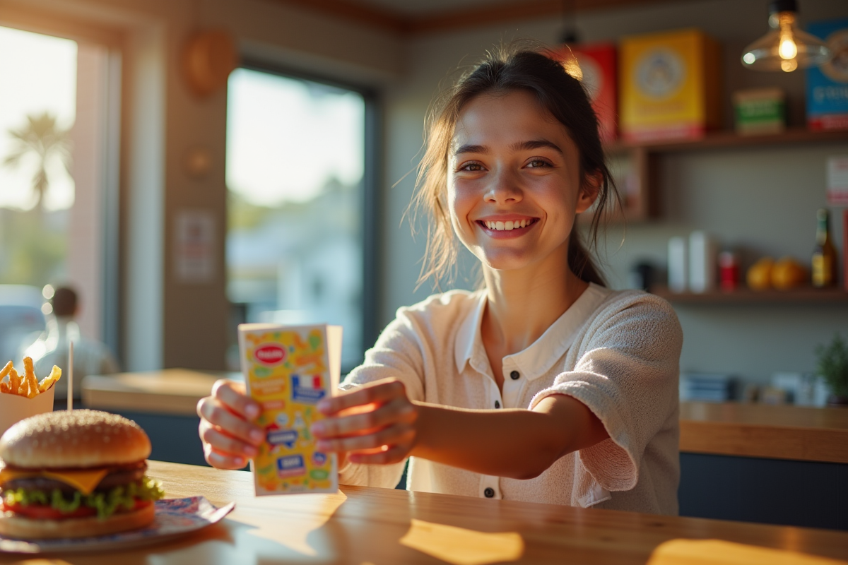 Jeune femme souriante donnant des chèques vacances à un comptoir de restauration rapide