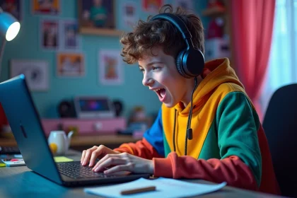 Jeune garçon en hoodie anime et casque devant son ordinateur