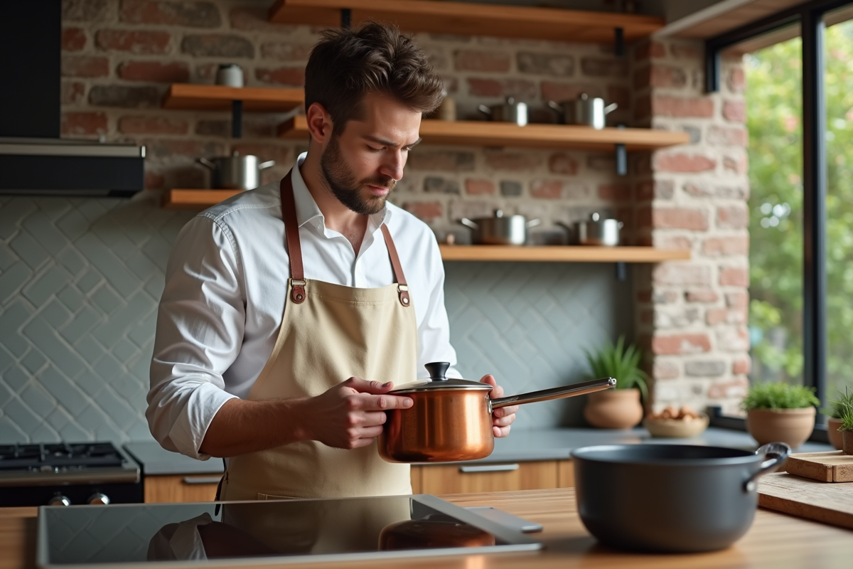 Jeune homme en tablier examinant une casserole en cuivre dans la cuisine