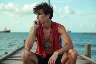 Jeune homme assis sur un pont en bois regardant la mer
