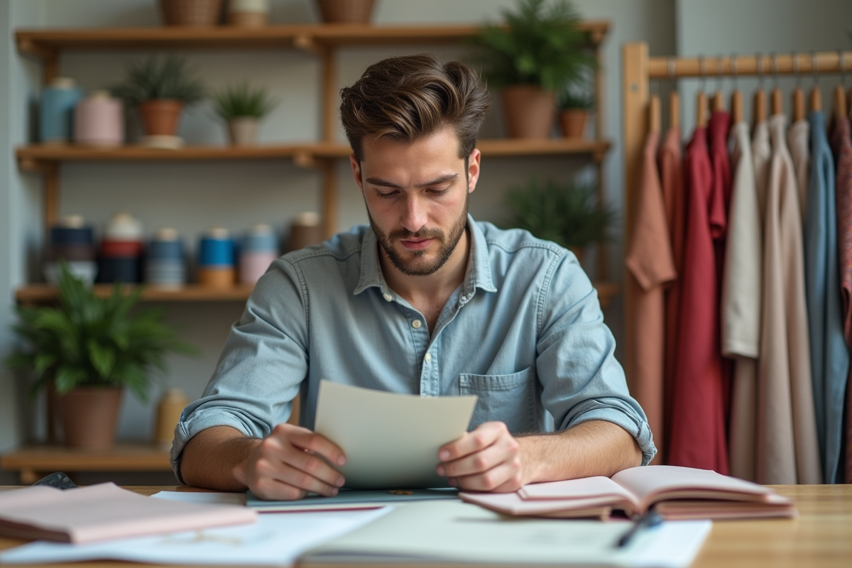 Jeune homme étudiant des échantillons de tissu dans un atelier lumineux