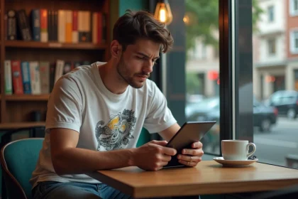 Jeune homme lisant un manga dans un café cosy