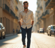 Jeune homme à la mode dans une rue urbaine ensoleillée
