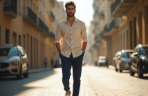 Jeune homme à la mode dans une rue urbaine ensoleillée