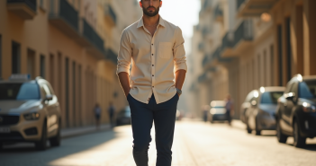 Jeune homme à la mode dans une rue urbaine ensoleillée