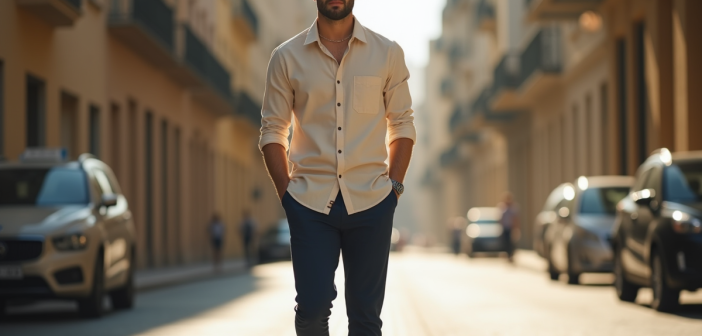 Jeune homme à la mode dans une rue urbaine ensoleillée