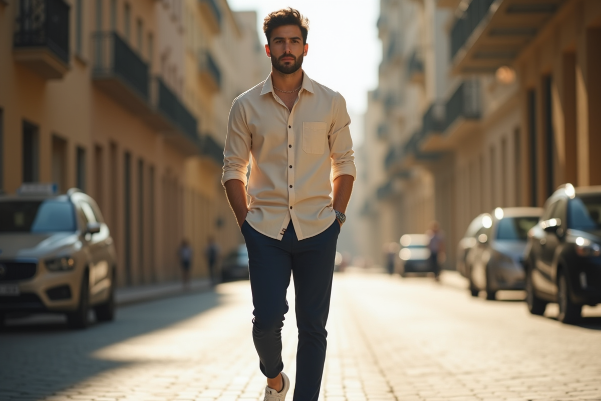 Jeune homme à la mode dans une rue urbaine ensoleillée