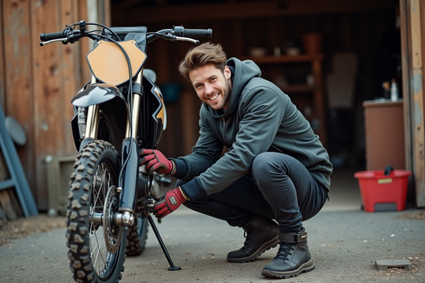 Jeune homme en motocross installant des protège-mains sur sa moto CRZ 125