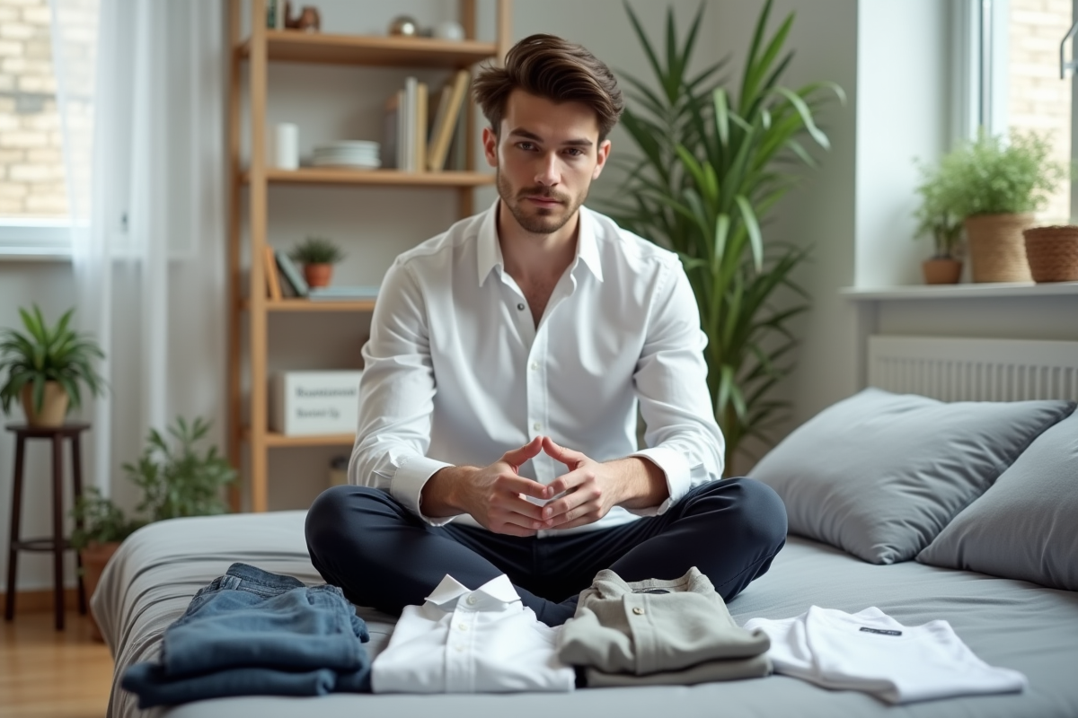 Jeune homme organisant ses vêtements dans un appartement lumineux