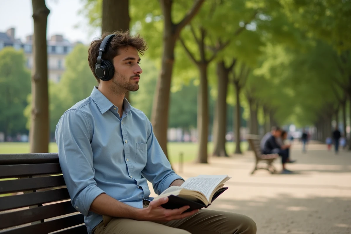 Jeune homme écoutant de la musique dans un parc parisien