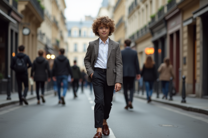 Jeune garçon élégant marchant dans une rue parisienne