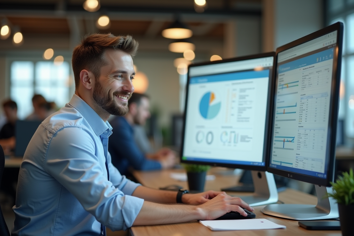 Jeune homme souriant vérifiant des rapports de paie au bureau