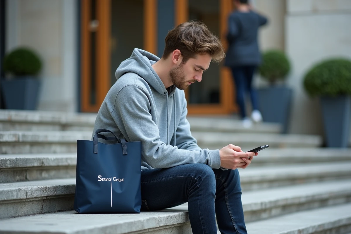 Jeune homme en Service Civique consultant son téléphone devant un bâtiment municipal, interrogatif sur sa rémunération
