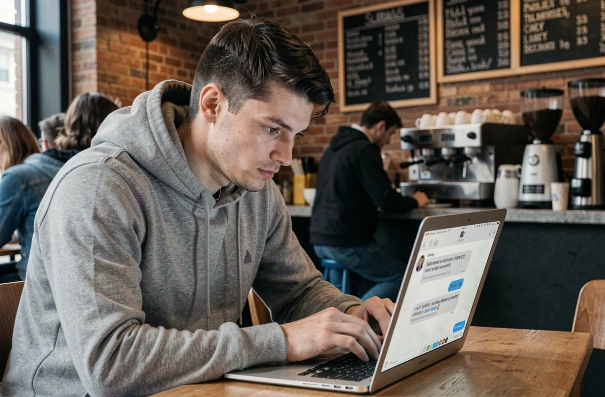 Jeune homme méfiant lisant un SMS frauduleux avec un numéro international +44 dans un café urbain