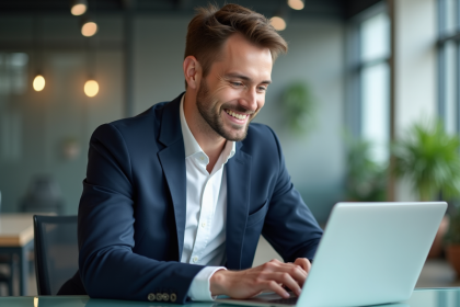 Jeune homme en costume souriant avec ordinateur moderne