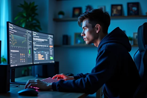 Joueur de League of Legends comparant les statistiques sur Wated et le client officiel Riot Games sur un écran ultrawide