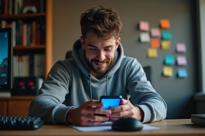 Joueur adulte concentré sur son smartphone avec une application de jeu de plateau colorée, assis à un bureau encombré dans un home office moderne