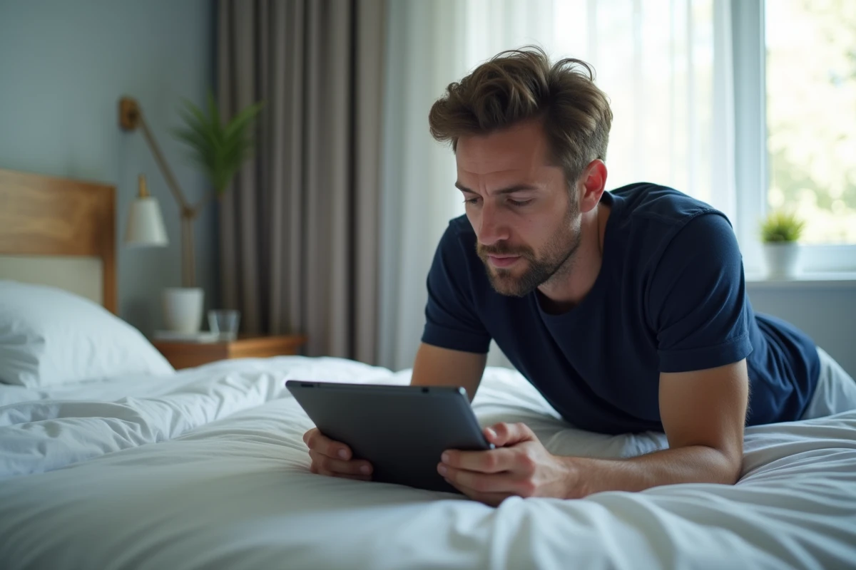 Homme adulte allongé sur un lit consultant une tablette affichant des stratégies de jeu de plateau mobile dans une chambre minimaliste