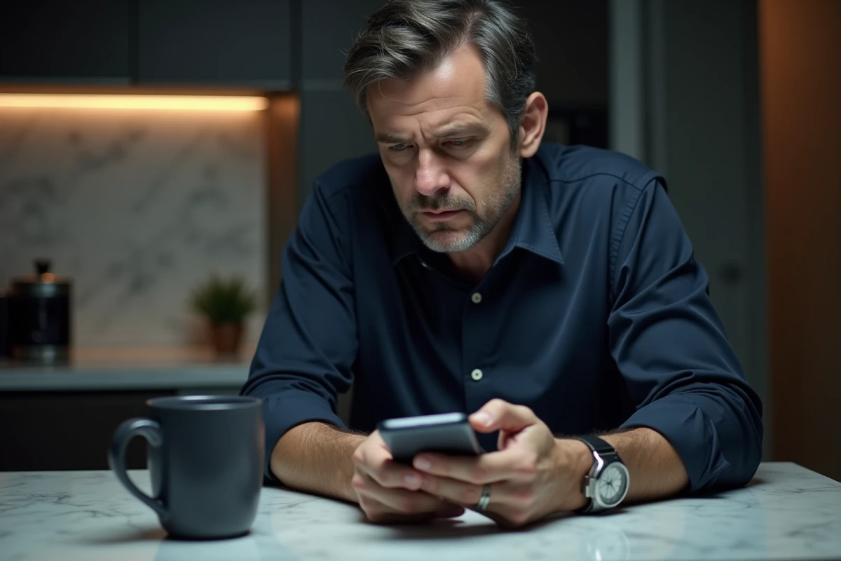 Homme consultant un journal d'appels manqués avec des numéros internationaux +212 sur son téléphone