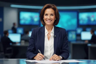 Femme journaliste en studio télévision moderne