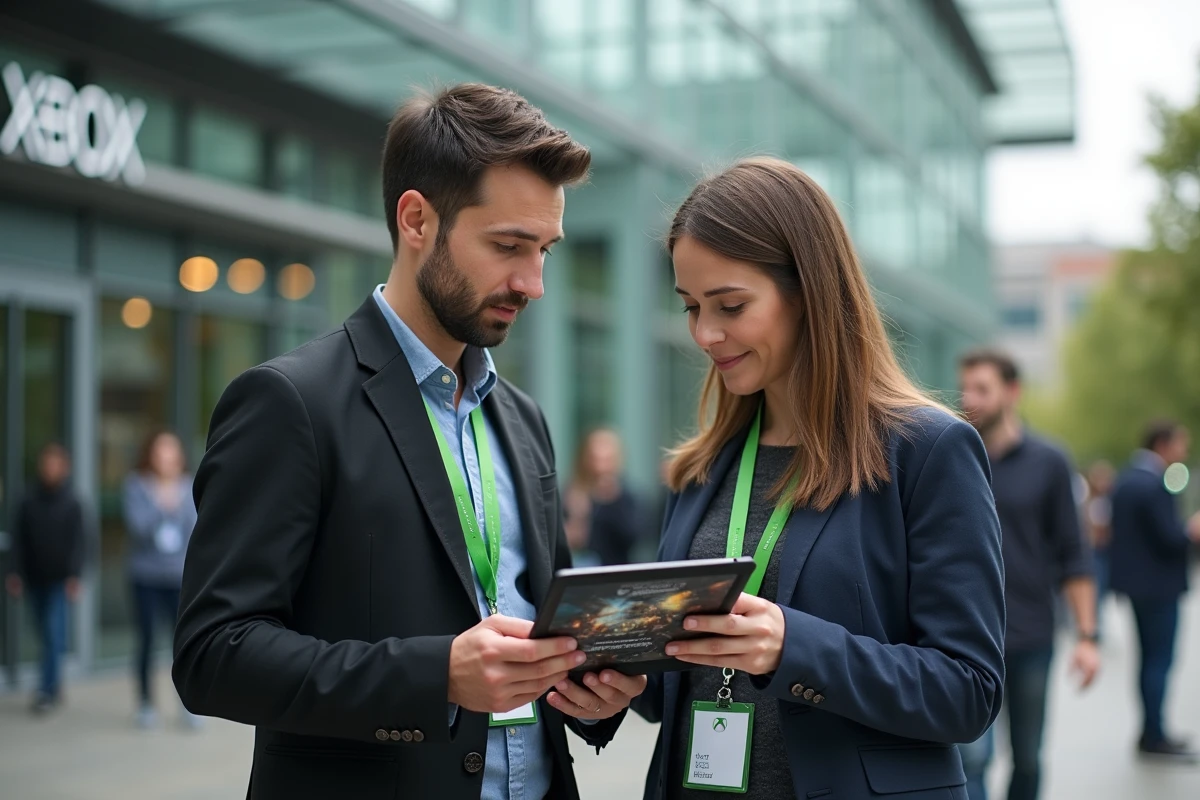 Deux journalistes gaming en discussion devant la salle de presse du Summer Game Fest 2026, badges presse et tablette Xbox visibles