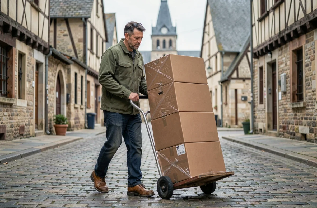 Déménageur de La Drouaise du Déménagement maniant un diable chargé de cartons dans le centre historique de Dreux