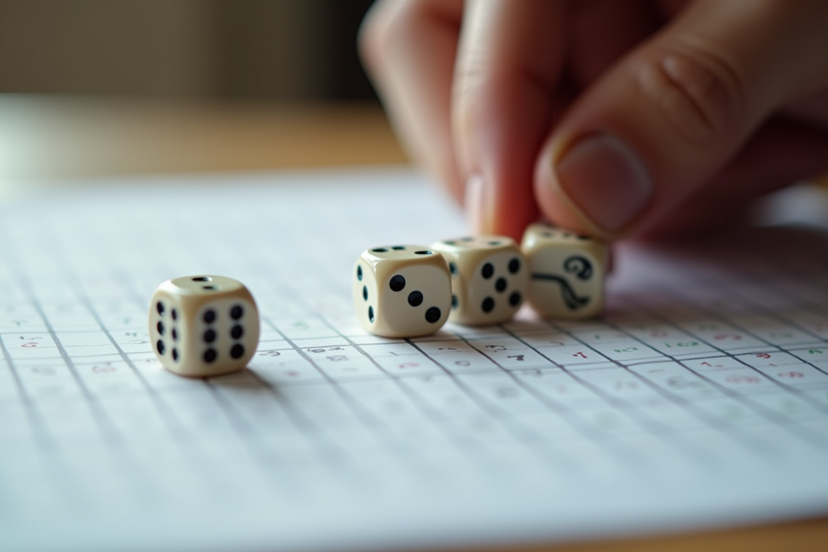 Main lançant cinq dés sur une fiche de score nette