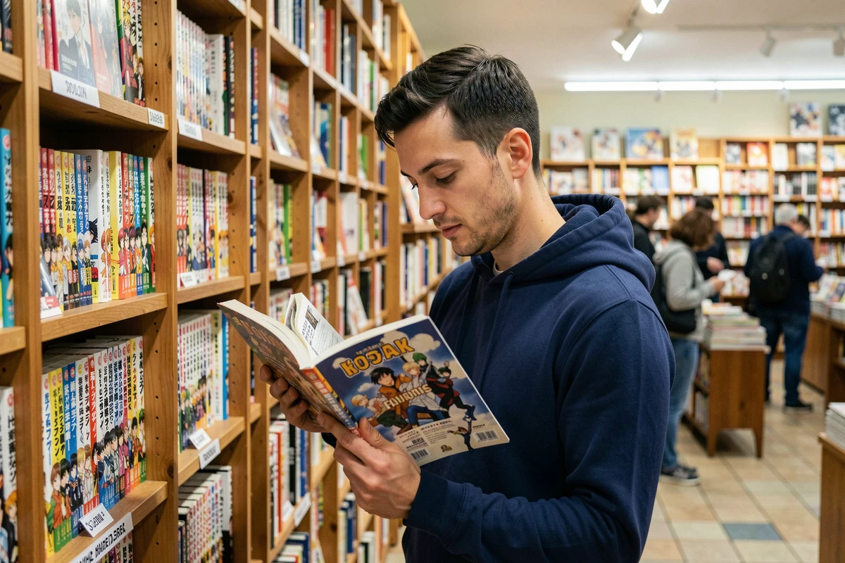 Homme consultant des mangas dans une librairie parisienne devant un rayon classé par genres shonen et shojo