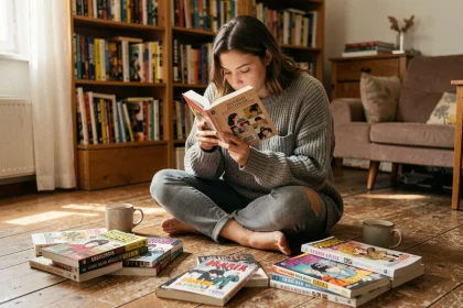 Jeune femme française lisant des mangas dans son salon entourée de volumes en français posés sur le parquet