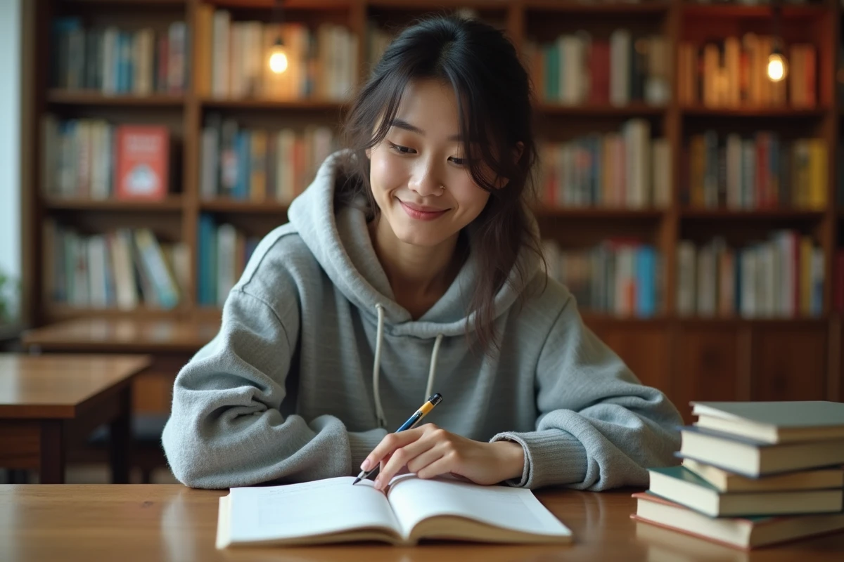 Jeune femme lisant un manga de villain académie démoniaque dans une librairie cosy entourée de notes et de volumes ouverts