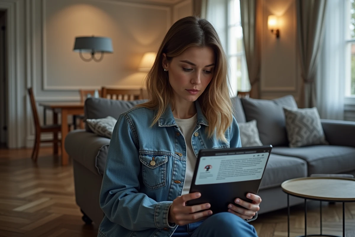 Femme lisant des scans manga sur tablette dans un appartement français, questionnant la légalité des sites comme PhenixScans