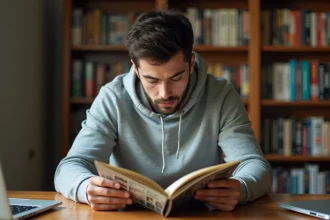 Jeune homme lisant un manga en français sur une plateforme de scan VF à son bureau