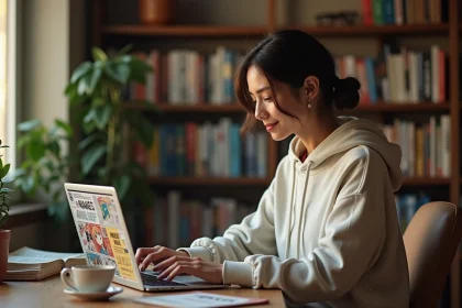 Jeune femme adulte lisant des scans de manga sur un ordinateur portable dans un bureau cosy entouré de volumes de manga
