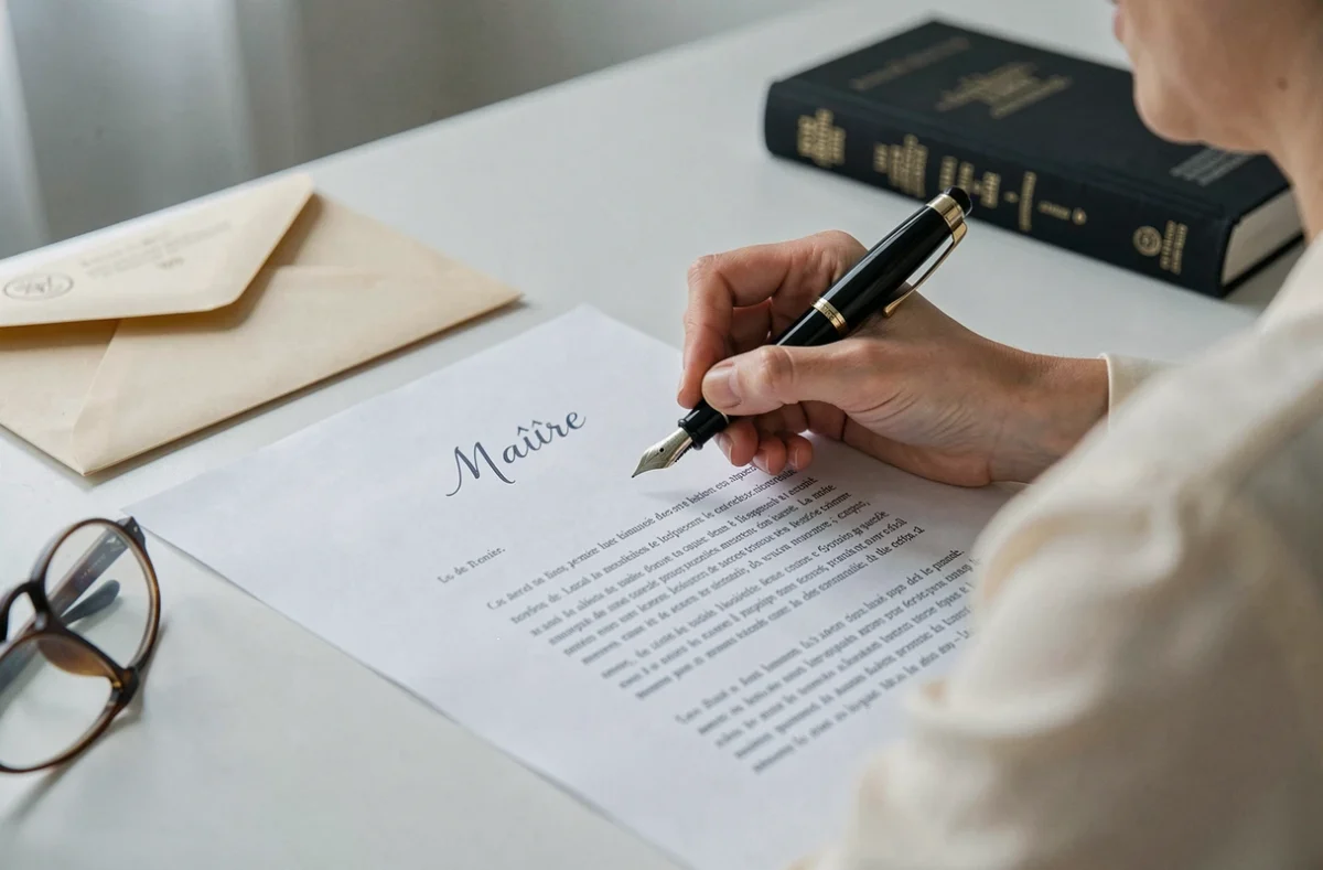 Main de femme écrivant une lettre officielle adressée à Maître, huissier de justice, avec stylo plume sur document juridique formel