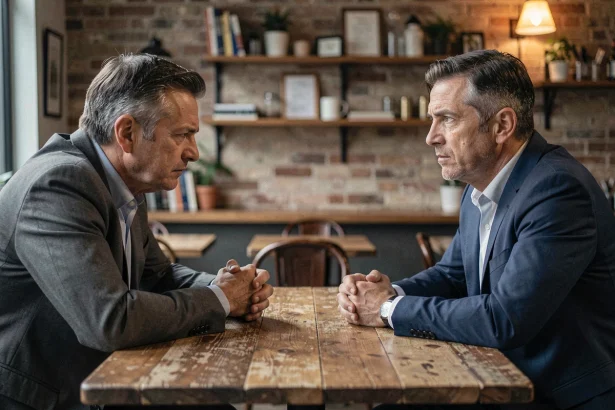 Deux hommes face à face dans un café, expression de tension et de trahison silencieuse illustrant la loyauté mise à l'épreuve